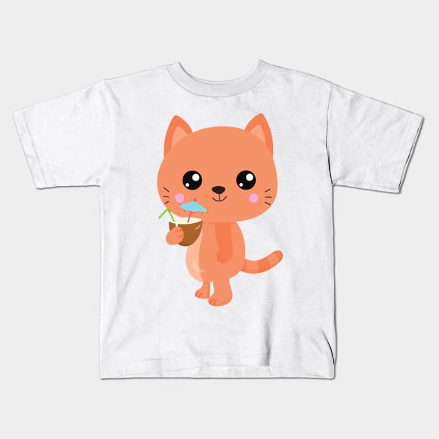Hawaii Cat, Cute Cat, Orange Cat, Cocktail, Luau Kids T-Shirt by Jelena Dunčević